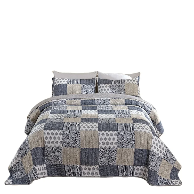 Bohemia style geometry navy blue flower plant microfiber embroid 3d printed Quilted Bedspreads Set