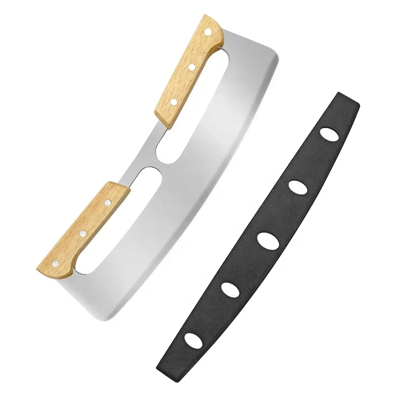 Big Pizza Knife Pizza Cutter Rocker with Wooden Handles & Protective Cover