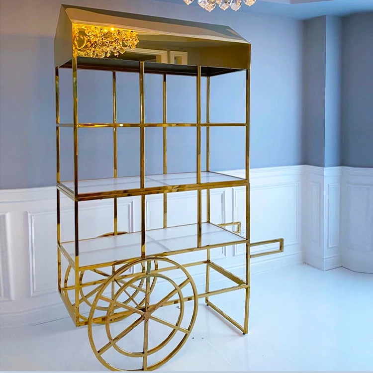Lux Dessert Display Gloss Gold Metal Sweet Candy Cart For Wedding Events