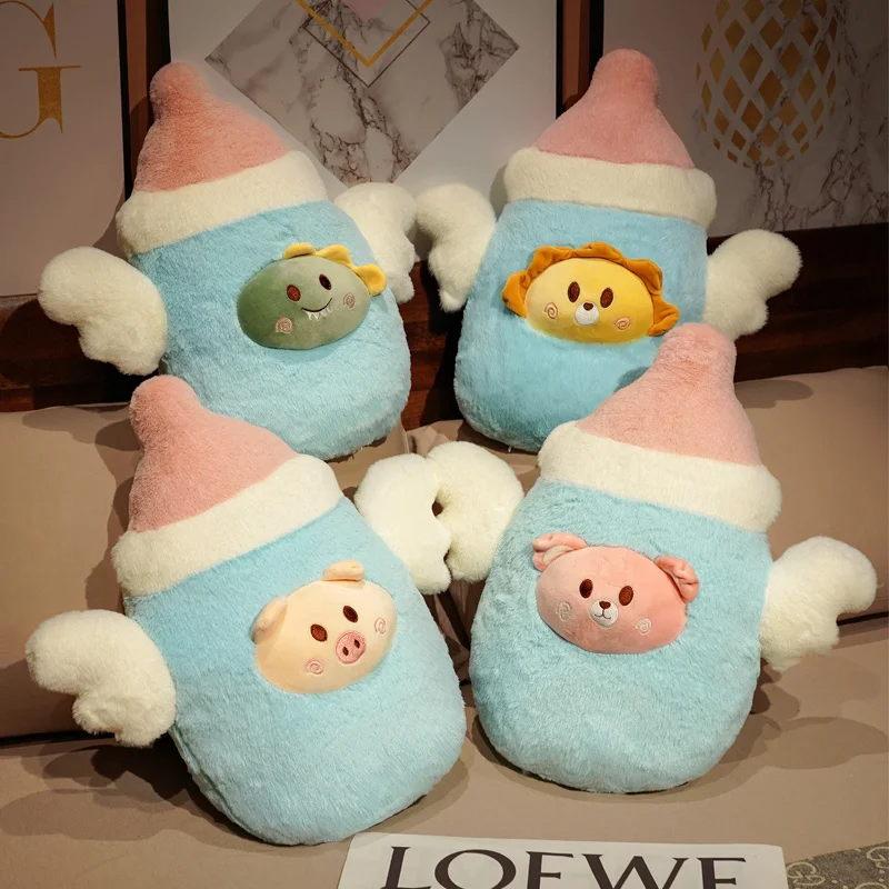 Free Sample wholesale milk bottle shaped angel baby animals soft pillow cute 6 animals plush angel throw pillow cushion for kids
