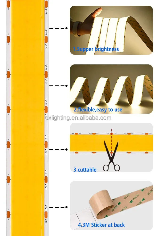 4600lm Ultra High Brightness 30mm 600 Chip RA90 24V Wide High Power FPC3000k 4000k 6500k COB LED Strip Light