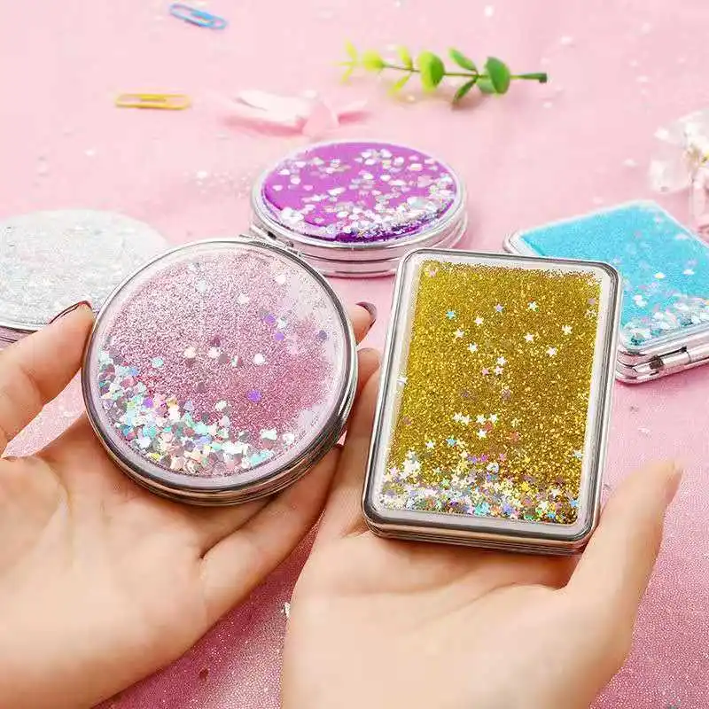 Custom Logo Mini Small Quicksand Mirror 5 Colors Round Square Glitter Pocket Makeup Mirror