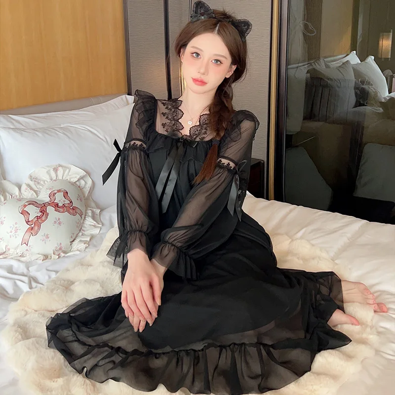 OKA Lace Embroidery V-neck Womens Sleepwear Princess Girls White Nightgowns Maxi Dress Long Sleeve Bridal Night Wear Nighties