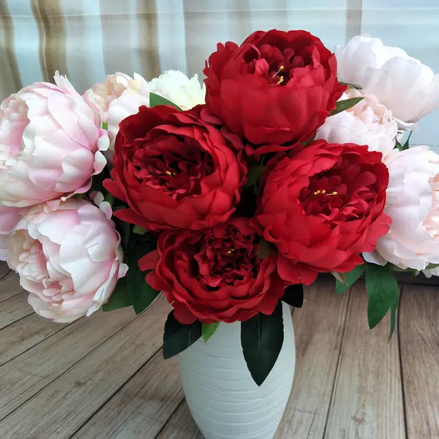 Wholesale 9 heads white pink real touch silk peony flowers