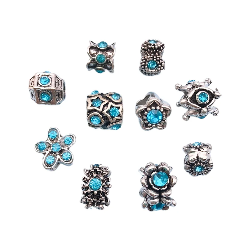 yuku new randomly mixed 10 lake blue inlaid point drill ancient silver alloy large hole bead jewelry accessories bag