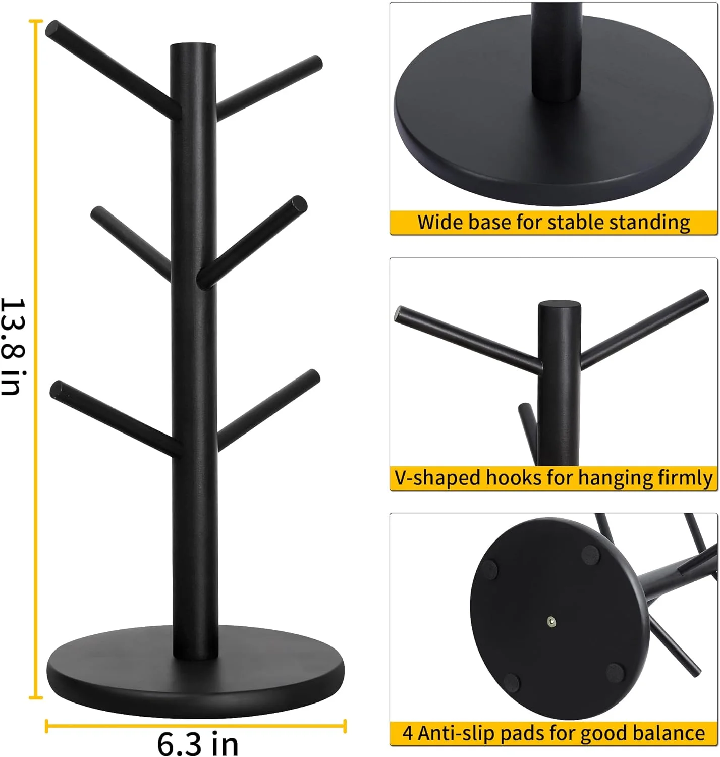 For Living Room Bedroom Kitchen Black Metal Durable Coffee Cup Holder with 6 Hooks Mug Tree Headphone Organizer