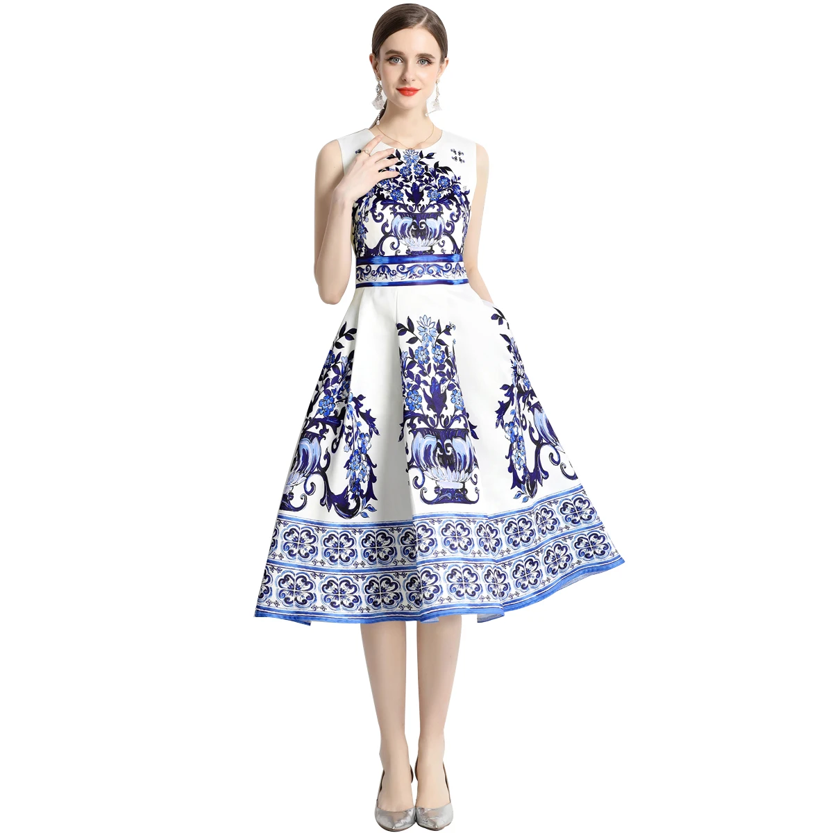 Vintage waist-down slim sleeveless print dress mid-length HL9016078