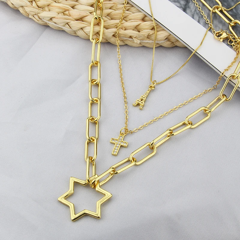 New Design Fashion Gold Plated Pendant Necklace DIY Cross Tower Accessories High Quality  Vintage Chain Necklace Jewelry