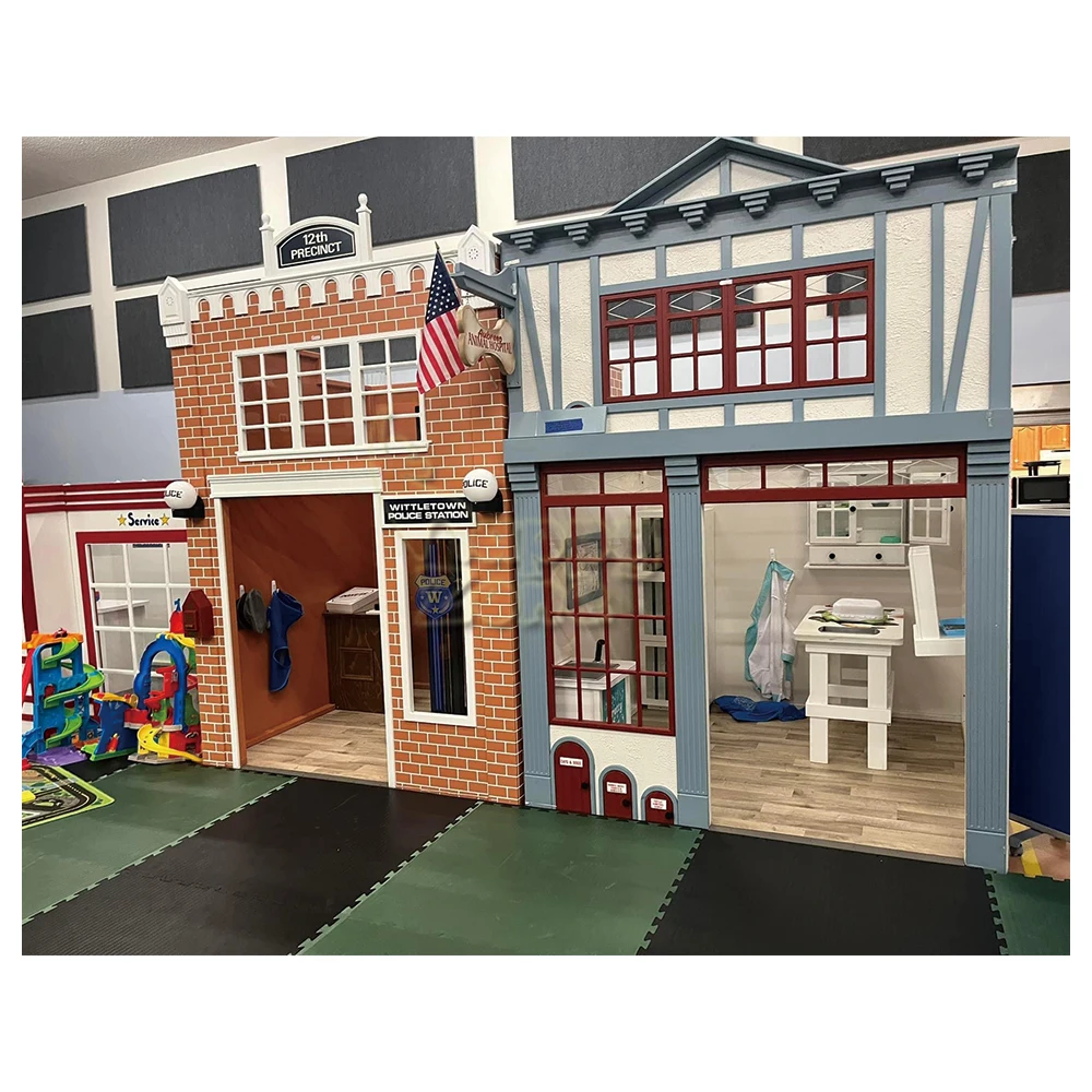 Wholesale Customized Wooden Role Play Gas Station Hospital Kitchen for Toddler Soft Kids Auto Repair shop for Indoor Playground