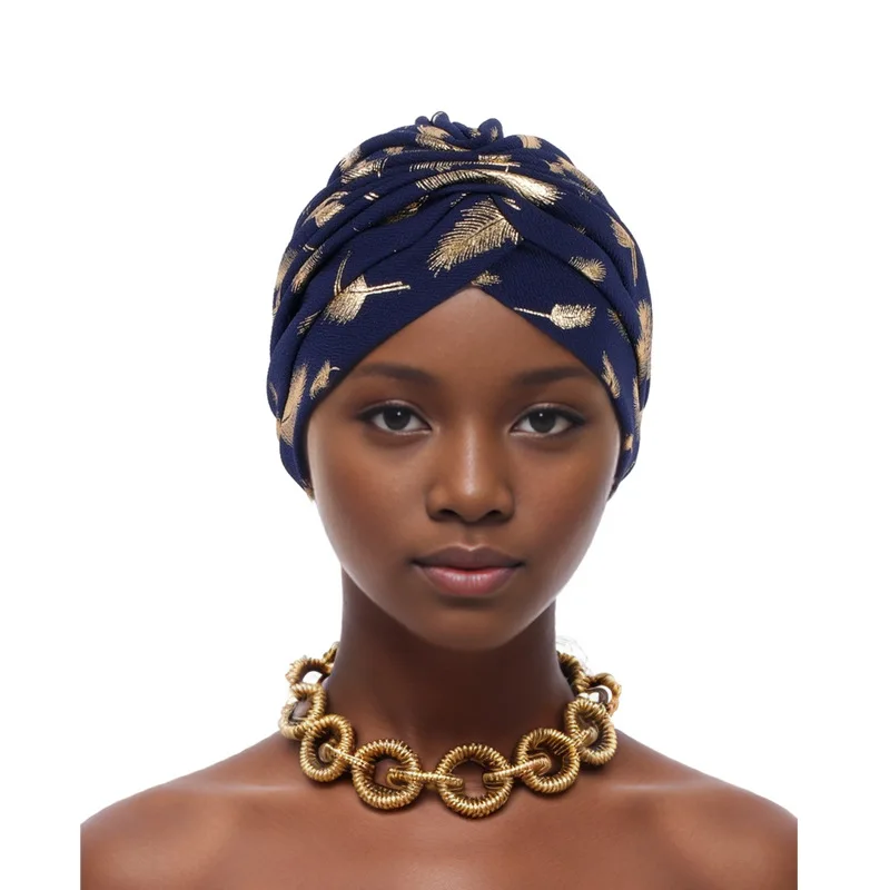 HZM-24270 Women Print Knot Turban Head Wrap Gold Ruffle Muslim Hijab Hat Indian Beanie African Headwrap Chemo hats
