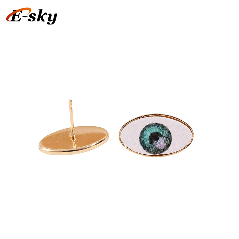 Esky Attractive Price Oval Eye Metal Stud Earrings Blue Exotic Leather Earring For Women