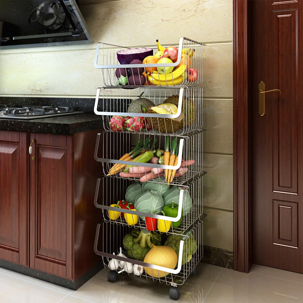 Kitchen cheap modern black 3 tier wall mounted metal fruit basket floor stand storage basket