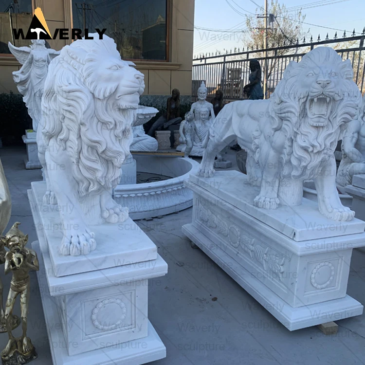 European Style Modern Outdoor Landscape Decoration Stone Lion Statue High End Custom Carved White Pair Of Marble Lion Sculpture