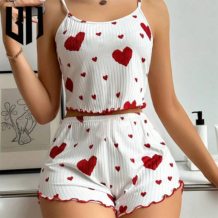 Custom Ladies Pyjamas Two Pieces Short Lounge Wear Set Knitted Pyjamas Women Pijamas Woman Heart Pajamas Women