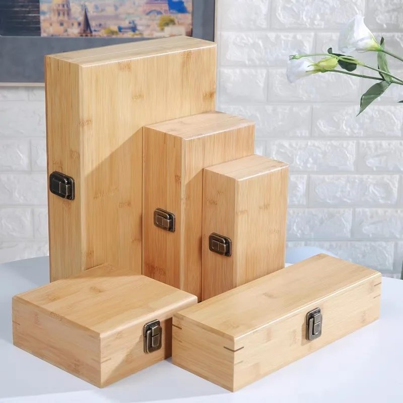 Japanese bamboo wooden storage box Rectangular solid wood with lock clamshell wooden box Tea essential oil bamboo gift box
