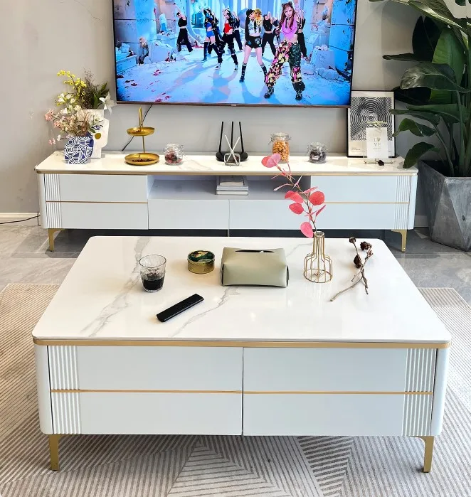 Factory high gloss marble tv table modern luxury tv stands and console for living room media centre