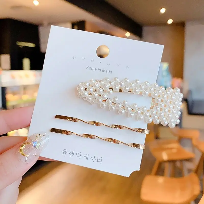 Fashion Korean Alloy Simple Glitter Pearl Bangs Clip Females Tailored Hair Accessories Gold Sets