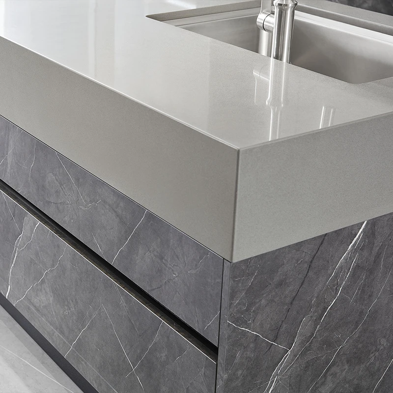 Oppein Modern Design Quartz Countertops Green Lacquer High Glossy Gray Kitchen Island Kitchen Cabinets