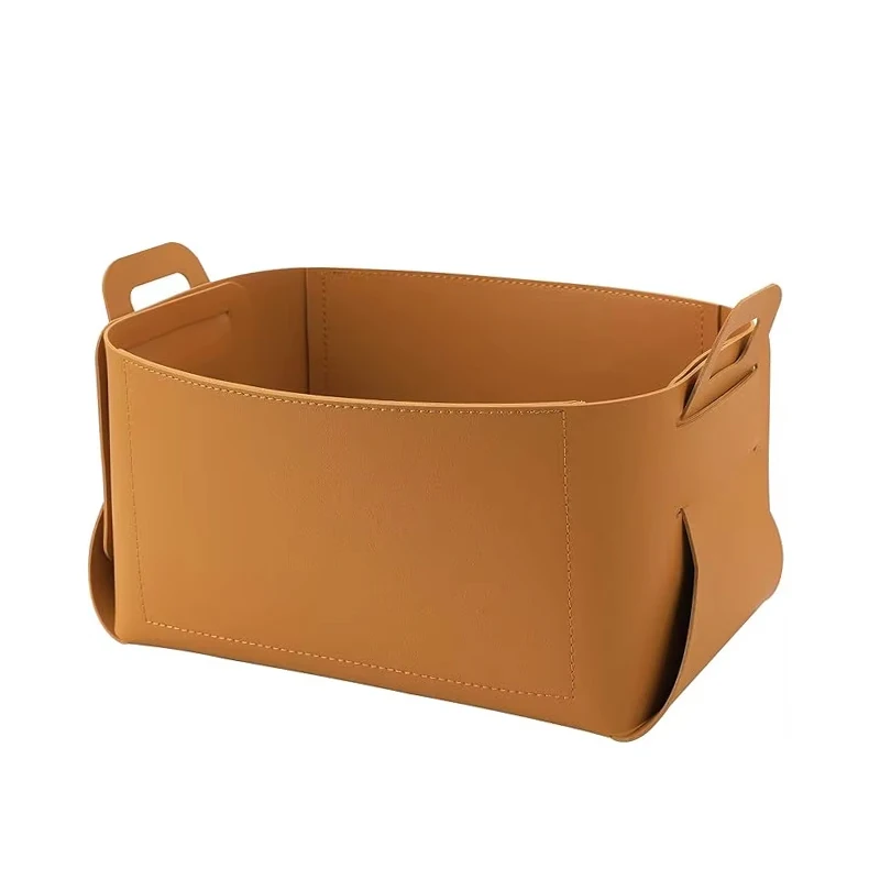 Foldable Leather Basket Genuine Leather With Pu Handle Luxury Storage Wardrobe Hotel Leather Storage Hamper