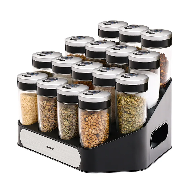 Premium Quality Modern Countertop Spice Rack Organizer with 16-Glass Jars with PP Rack for Solid Spice