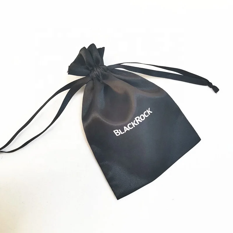 Promotional Custom Logo Black  Satin Drawstring Bag Jewelry Gems Pouch