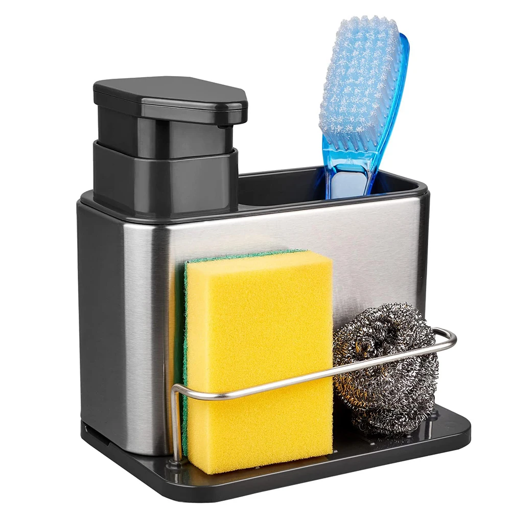 2024 Hot Selling Stainless Steel Sink Caddy Soap Dispenser and Brush Holder 3 in 1  Kitchen Bathroom Organiser Sponge Holder