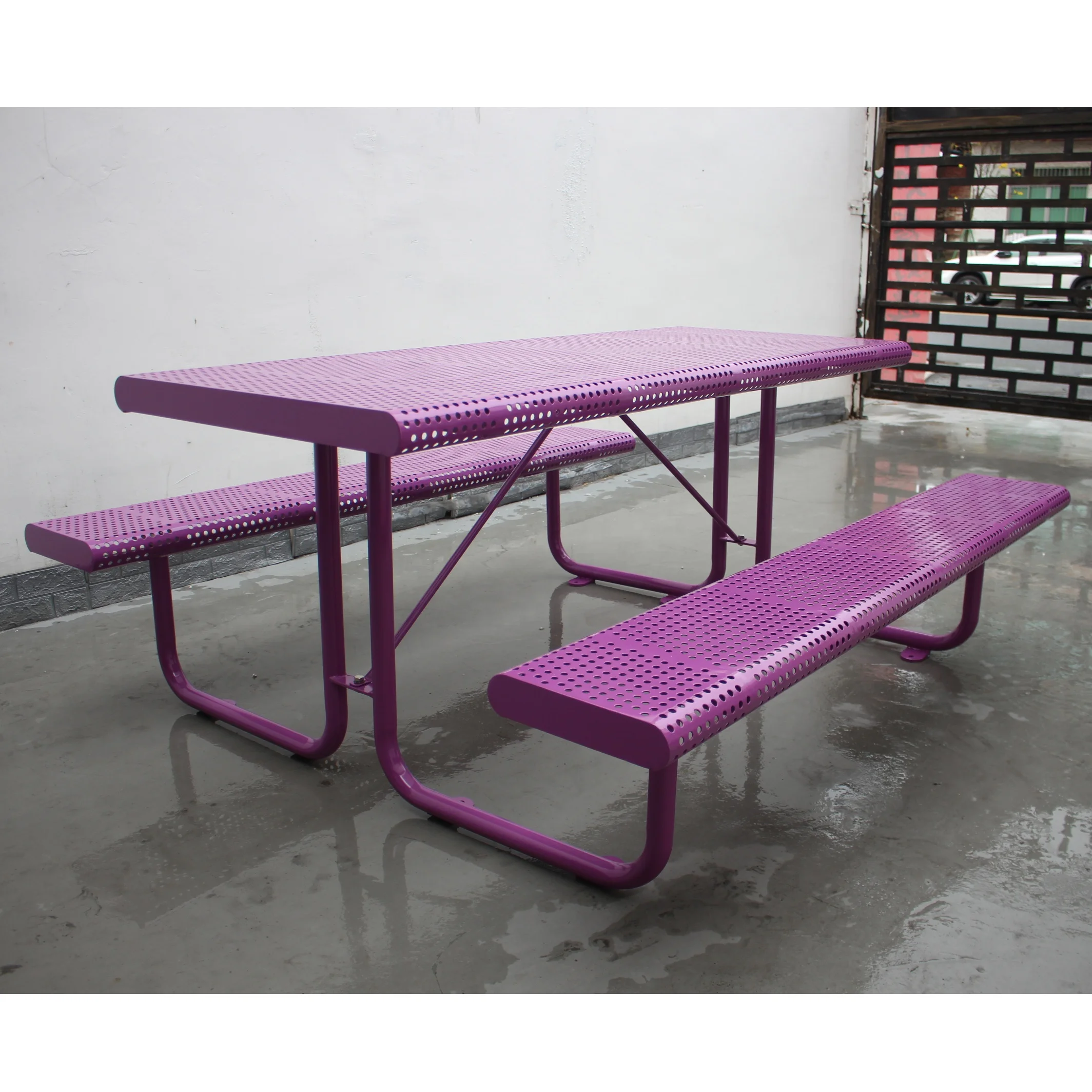 Perforated metal commercial outdoor table and bench set steel picnic table for public space