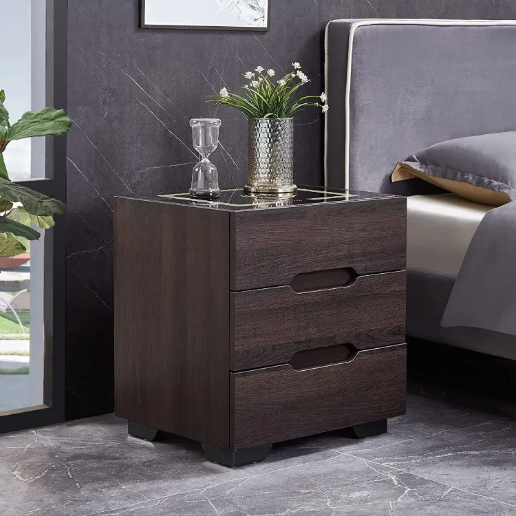 Новый дизайн классический кожаный роскошный чехол в тумбочка с беспроводной зарядной станции и светодиодными лампами, современный журнальный столик с туалетный столик с 3 ящиками тумбочка