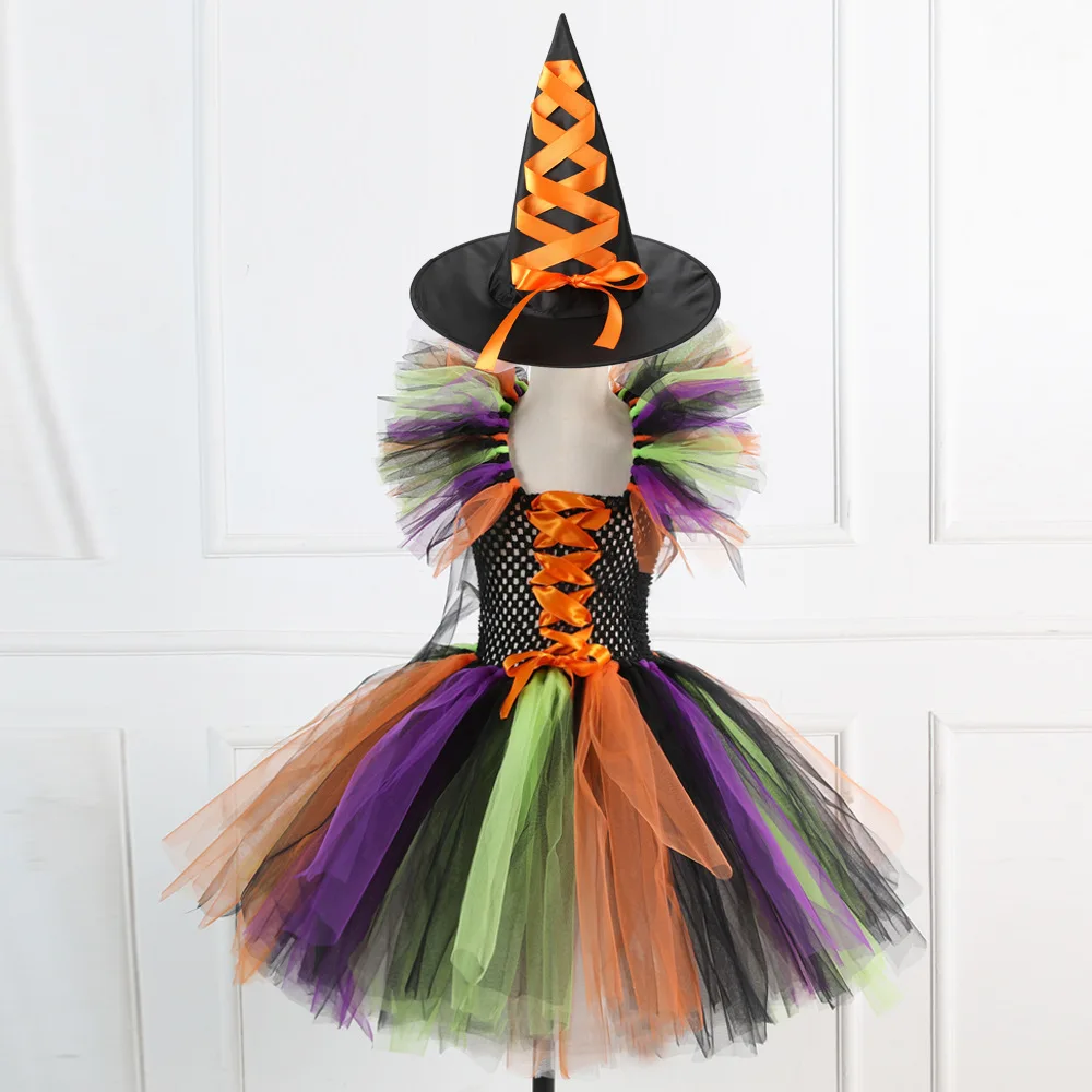 Wholesale Halloween Girls Witch Costumes Fancy Dress Up Kids Purple Black Tutu Dress Party Carnival  Outfit with Hat
