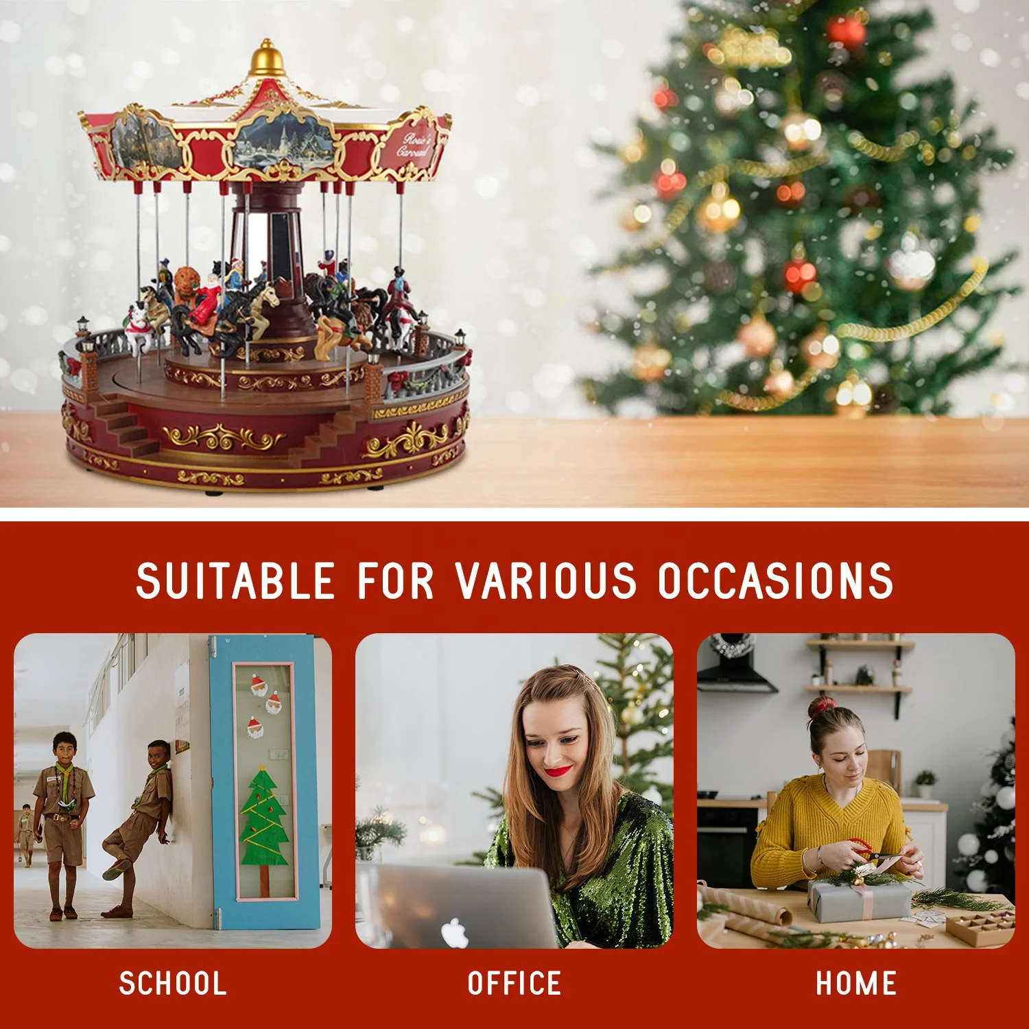 Best Selling Custom Christmas Decoration 14in noel Led lighted Rosies Carousel Revolving  with Music box