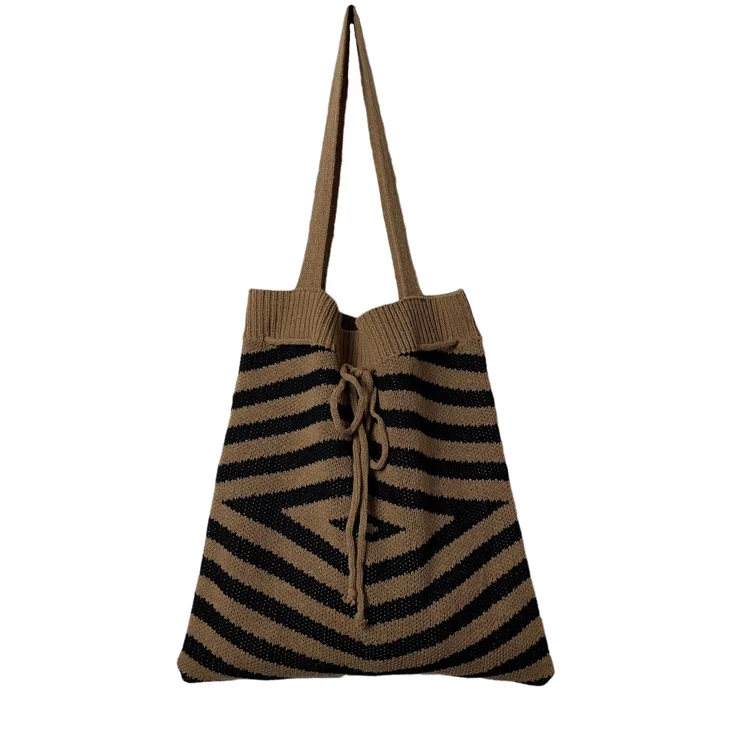 Winter&Autumn Crochet Shoulder Bag Large Capacity Shopping Handbag Drawstring Wool Knitted Tote Bag