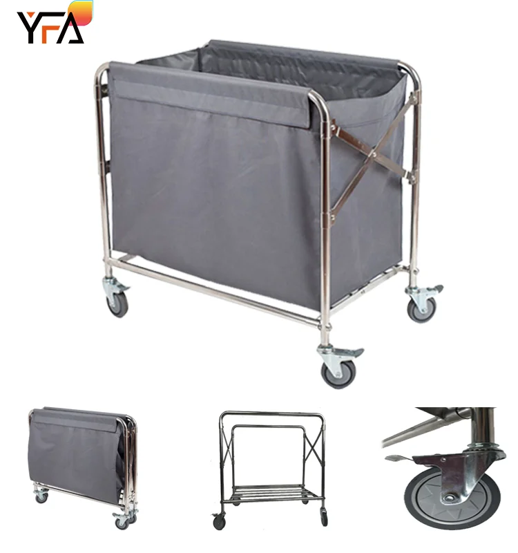 Folding Commercial Laundry Basket with Wheels Rolling Laundry Cart Trucks Heavy Duty Large Stainless Steel Laundry Trolley Cart