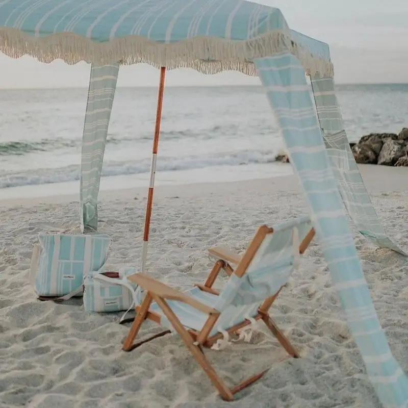 cabana folding umbrella for beach 4 legs logo prints boho wooden sun umbrella beach with tassel outdoor