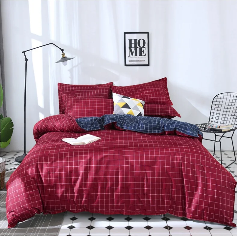 luxury 100% polyester  geometric patterned home bedding duvet cover set burgundy and Navy grid plaid printed