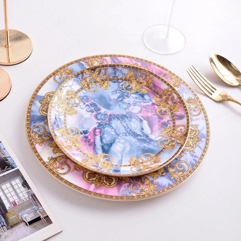 Western Dinner Plate 10inch And 8inch Steak Flat Tray Bone China Dinnerware Set Golden Edge Luxurious Tableware