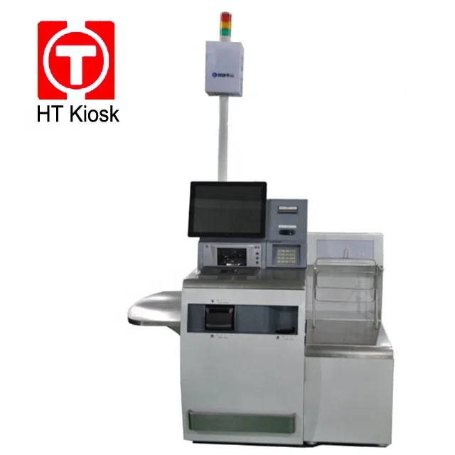 Self check out kiosk with touch screen and ads screen Bags packing self payment Custom thermal printer kiosk