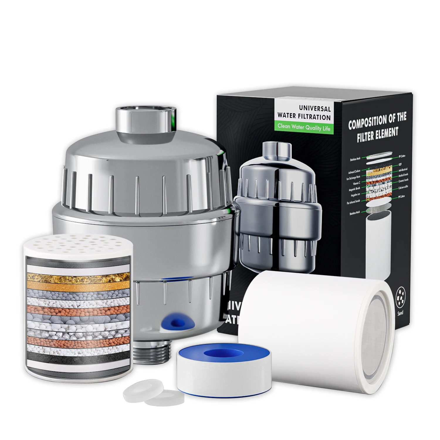 15 Stage Chrome Shower Water Filter With Carbon FDF Removing Chlorine Shower Head Filters For Hard Water