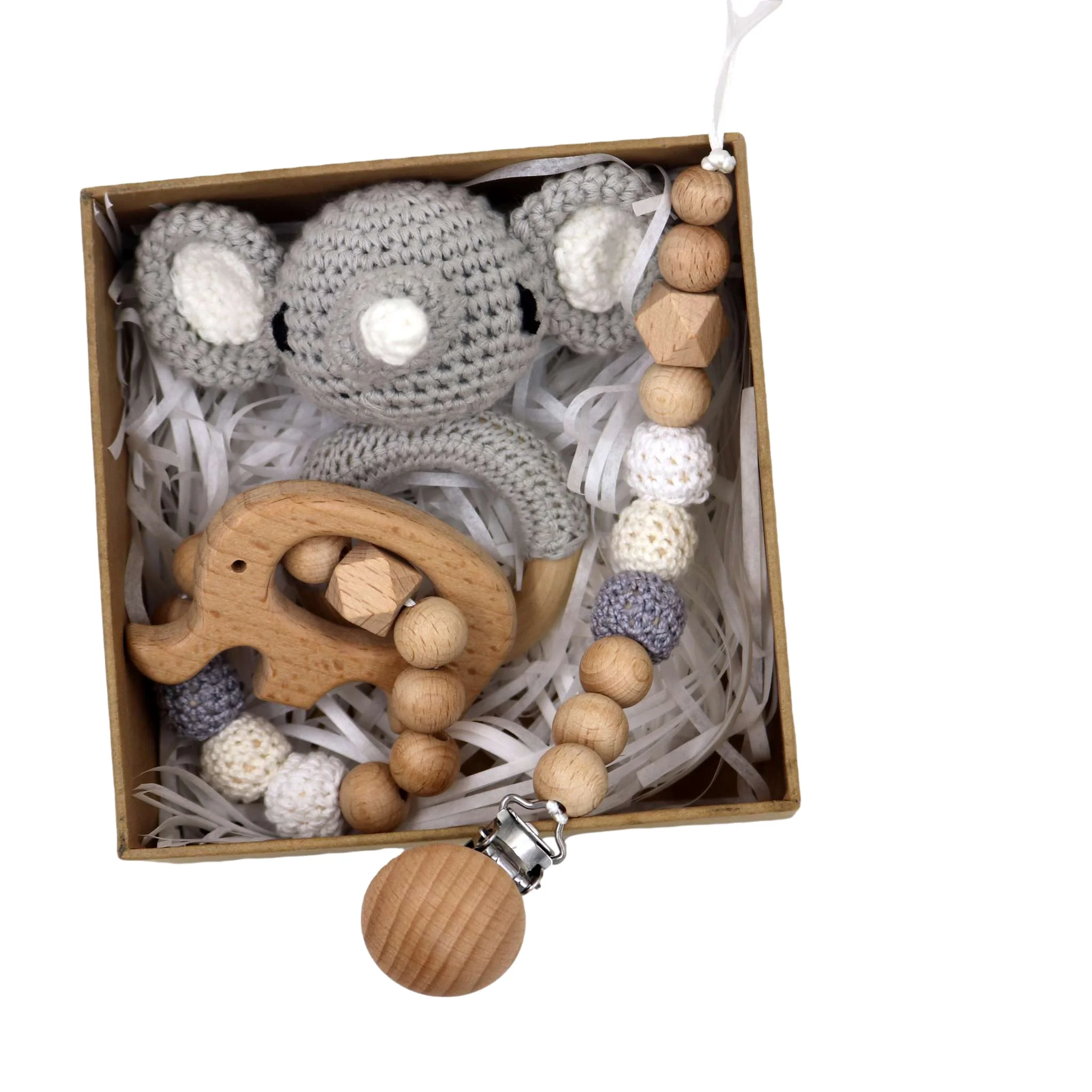 Wholesales wooden   Pacifier chain Rattle Toys Crochet animals Designed Wooden Ring Teether Toy For Baby Toys