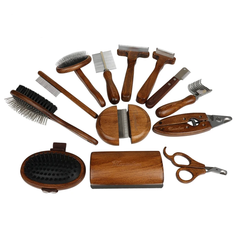 Professional Custom Pet Wooden Grooming Tools with Slicker Brushes Deshedding Dematting Comb Nail Clippers Dog Self Cleaning Kit