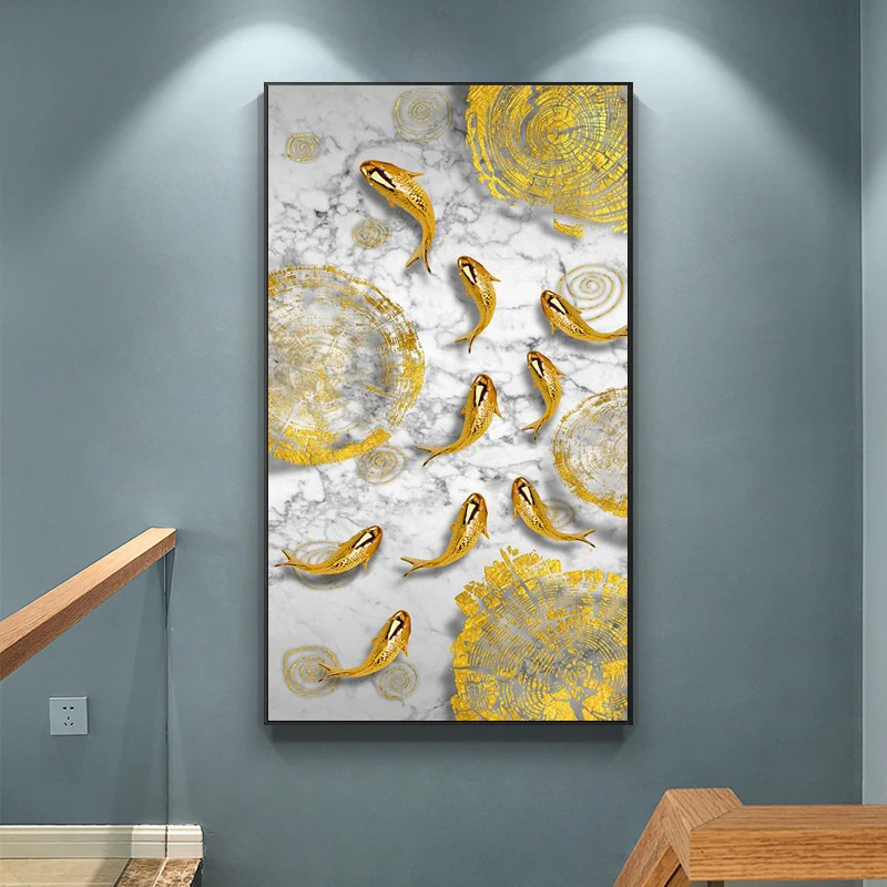 Luxury Golden Koi Fish Crystal Porcelain Painting Art Prints Custom Size Wall Art for Home Decor and Office for Hotel Use