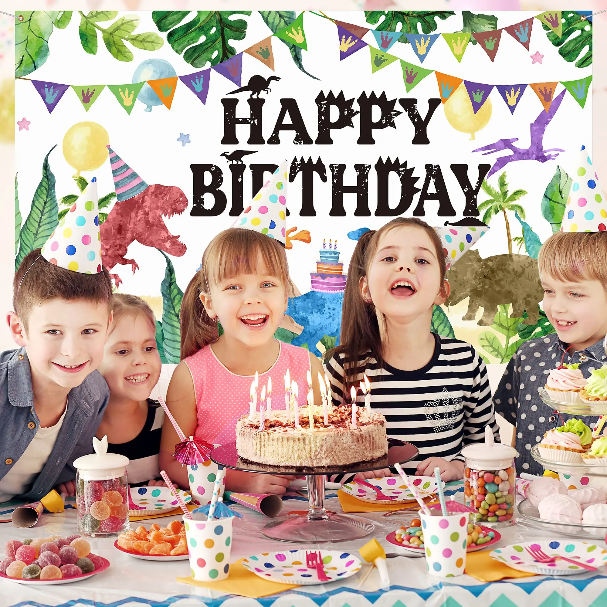 
Watercolor Dinosaur Backdrop Jungle Theme Happy Birthday Photography Background for Boy Girl Kid Adult Indoor Outdoor Decoration 