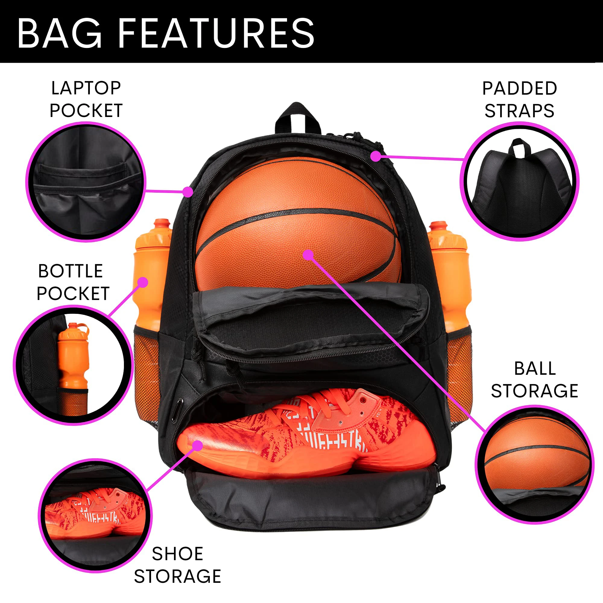 Custom 900D Polyester Waterproof Football Soccer Basketball Backpack with Ball and Shoe Compartment