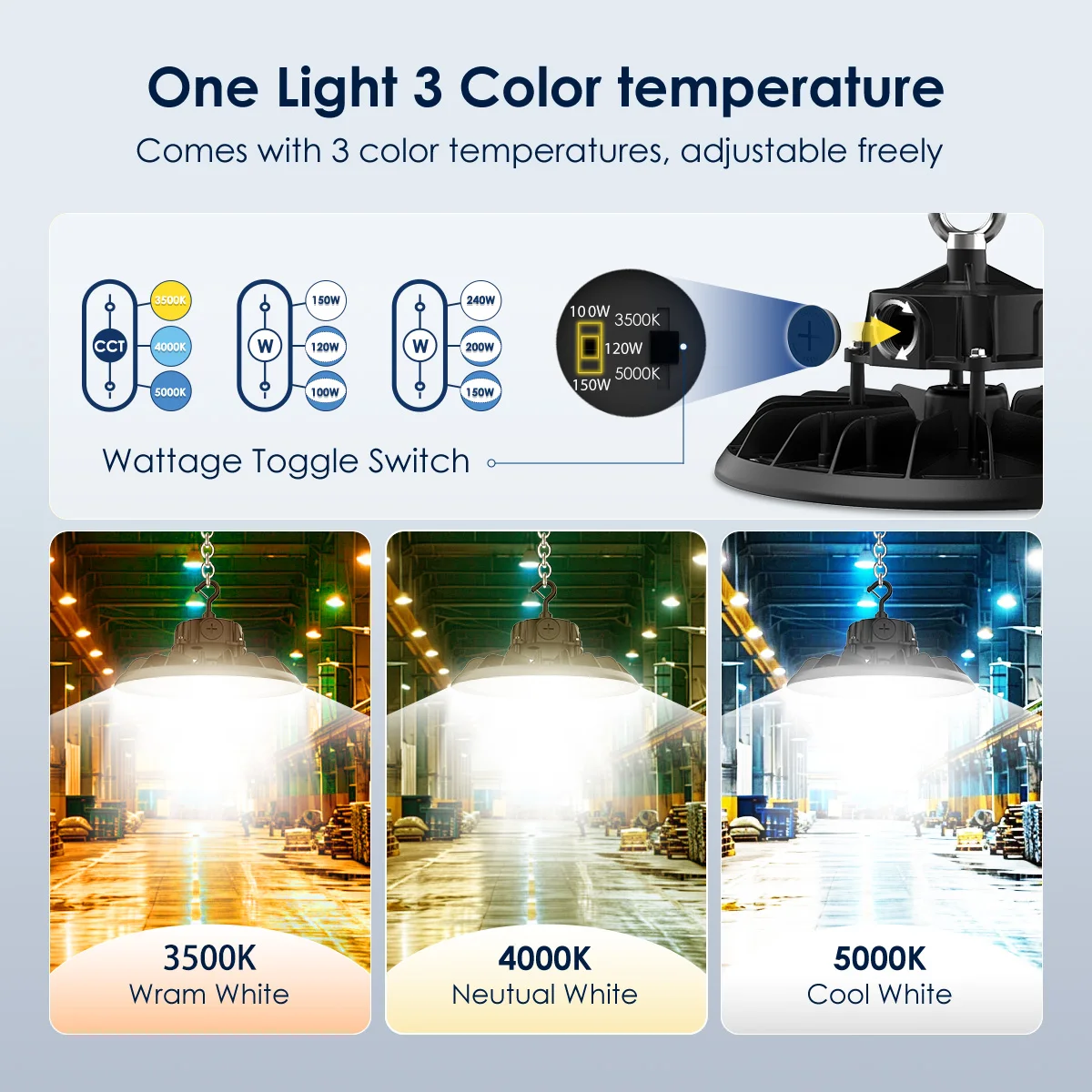 USA Modern Led High Bay Light Garage Led Light High Bay 100W 120W 150W 200W 240W 3CCT and 3Power High Bay Light for Warehouse