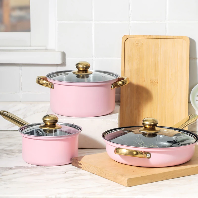 12 Pcs Pink Casseroles Soup Stock Pots Cast Iron Frying Pan Stainless Steel Cooking Pots And Pans Non Stick Cookware Sets