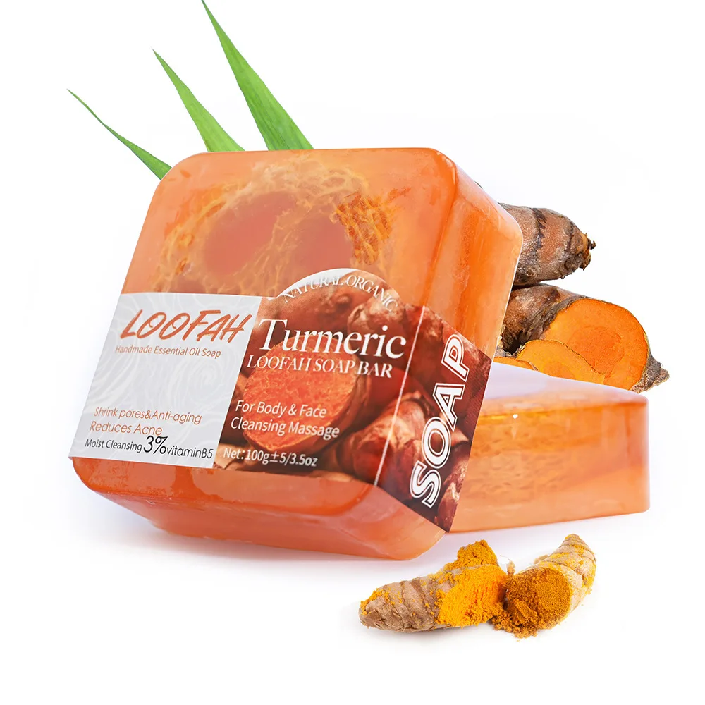 Handmade Soap Wholesale OEM Turmeric Tamarind and Honey Loofah Body Soap Bar, Turmeric Herbal Soap, Natural Toilet Soap