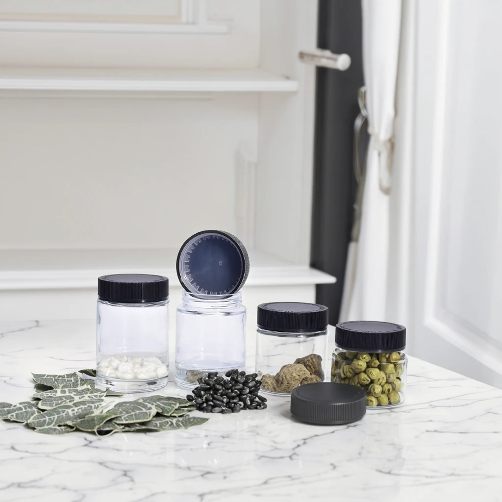 3.5 Oz Low Profile Wide Mouth Transparent Glass Sealed Jar With Magnifying Child Proof Lid for Dry Flower Packaging