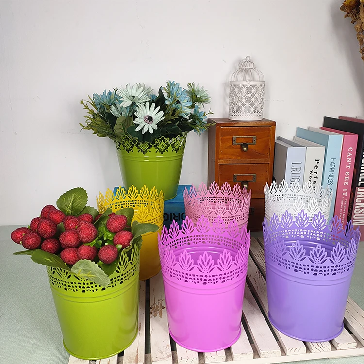 Nordic hollowed lace flower vase arrangement metal flower pot tin storage bucket simulation flower bucket home decoration