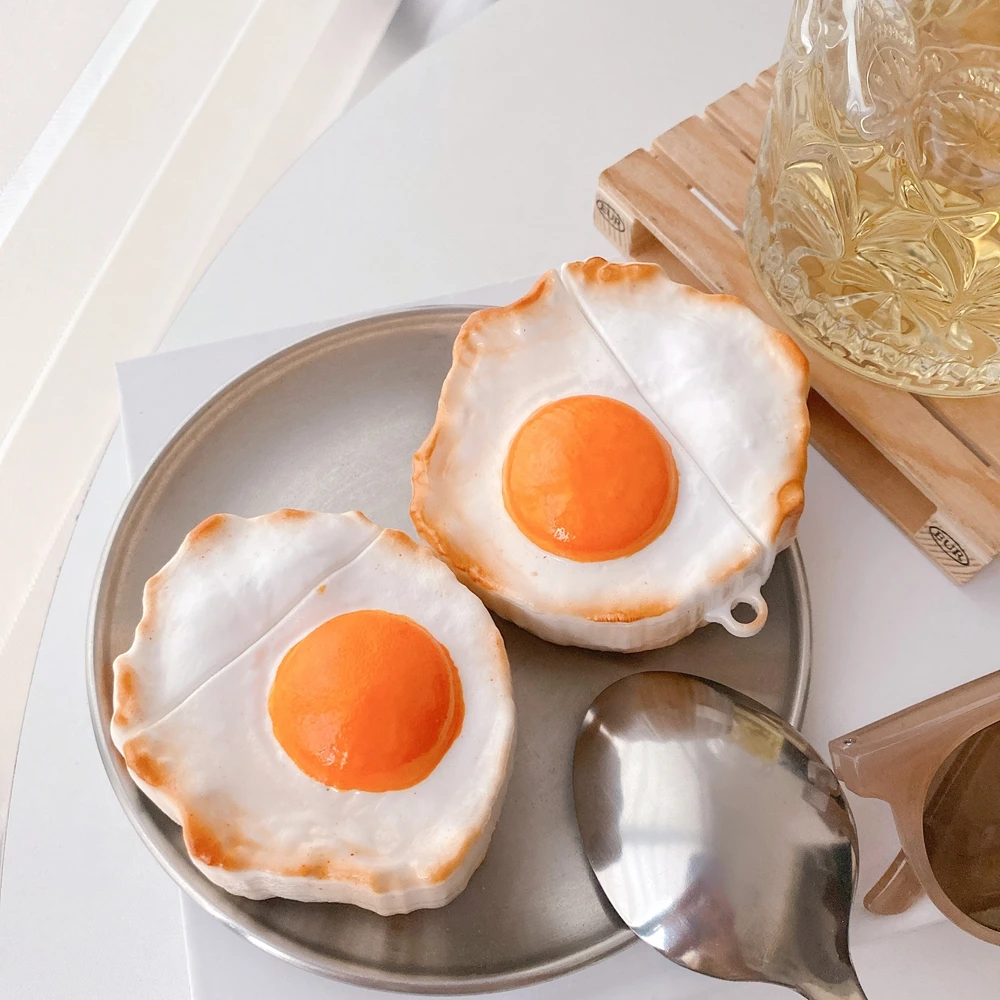  Hot Sale 3D Cartoon Fried Egg Design Earphone Case with Keychain for Airpods Pro Creative Cute Food Style Cover
