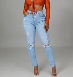 KCJ1032 Wholesale Women Casual Ripped Denim Jeans Skinny Holes High Waist Long Pants For Women