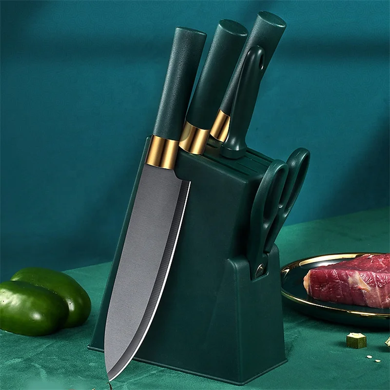 Kitchen chef green nonstick coating knives stainless steel 6 pcs knife set with block sharpener